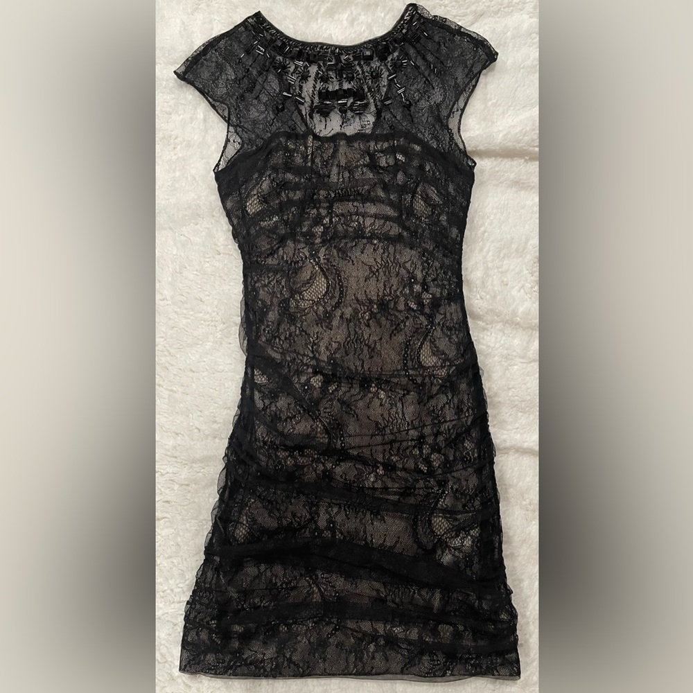 Bebe Black Lace Overlay with embellishment mini Dress